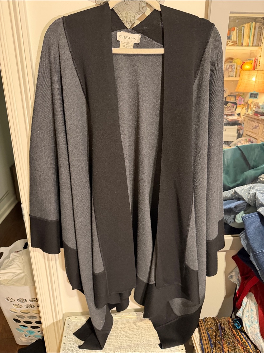 Two-Tone Black & Gray Open-Front Sweater Wrap